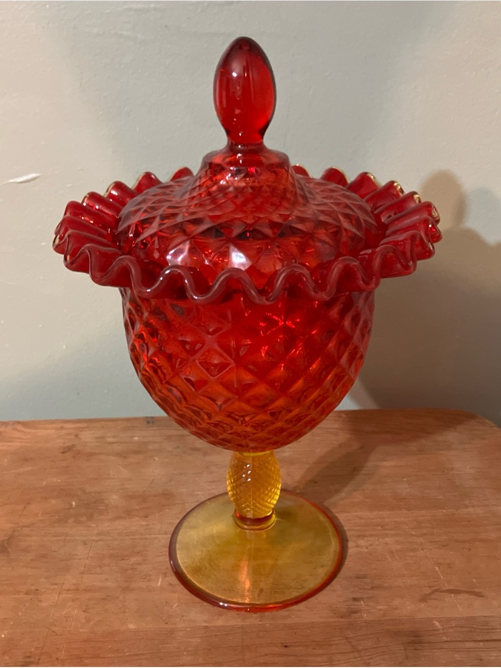 Vintage LE Smith Ruffled Amberina Diamond Pattern Compote Covered Candy Dish 10"